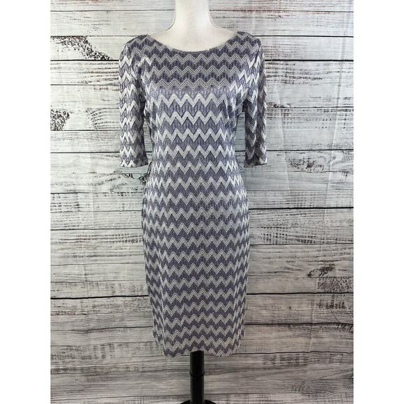 Connect Apparel Dress sz 10 Lilac Silver Gold Chevron Lace Straight Stretch Knee - Picture 2 of 11